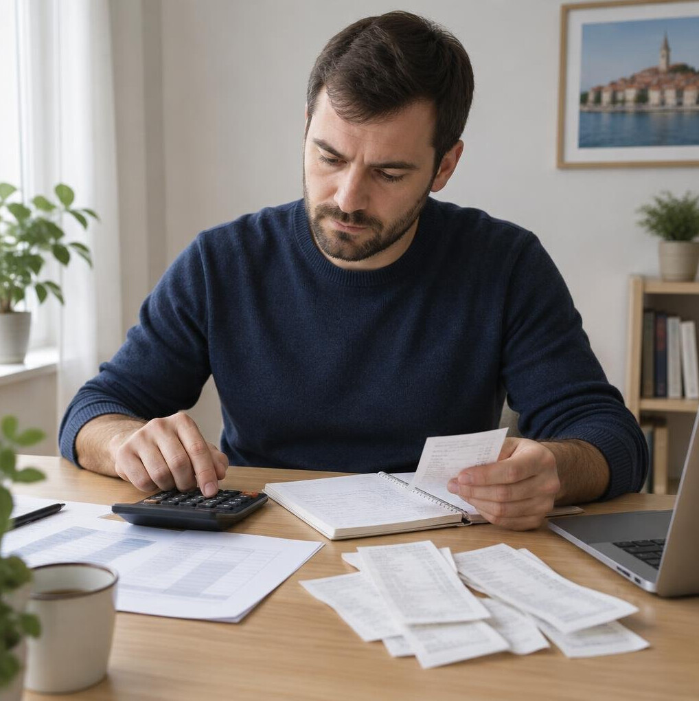 Man calculating a monthly budget with a calculator and papers at a desk