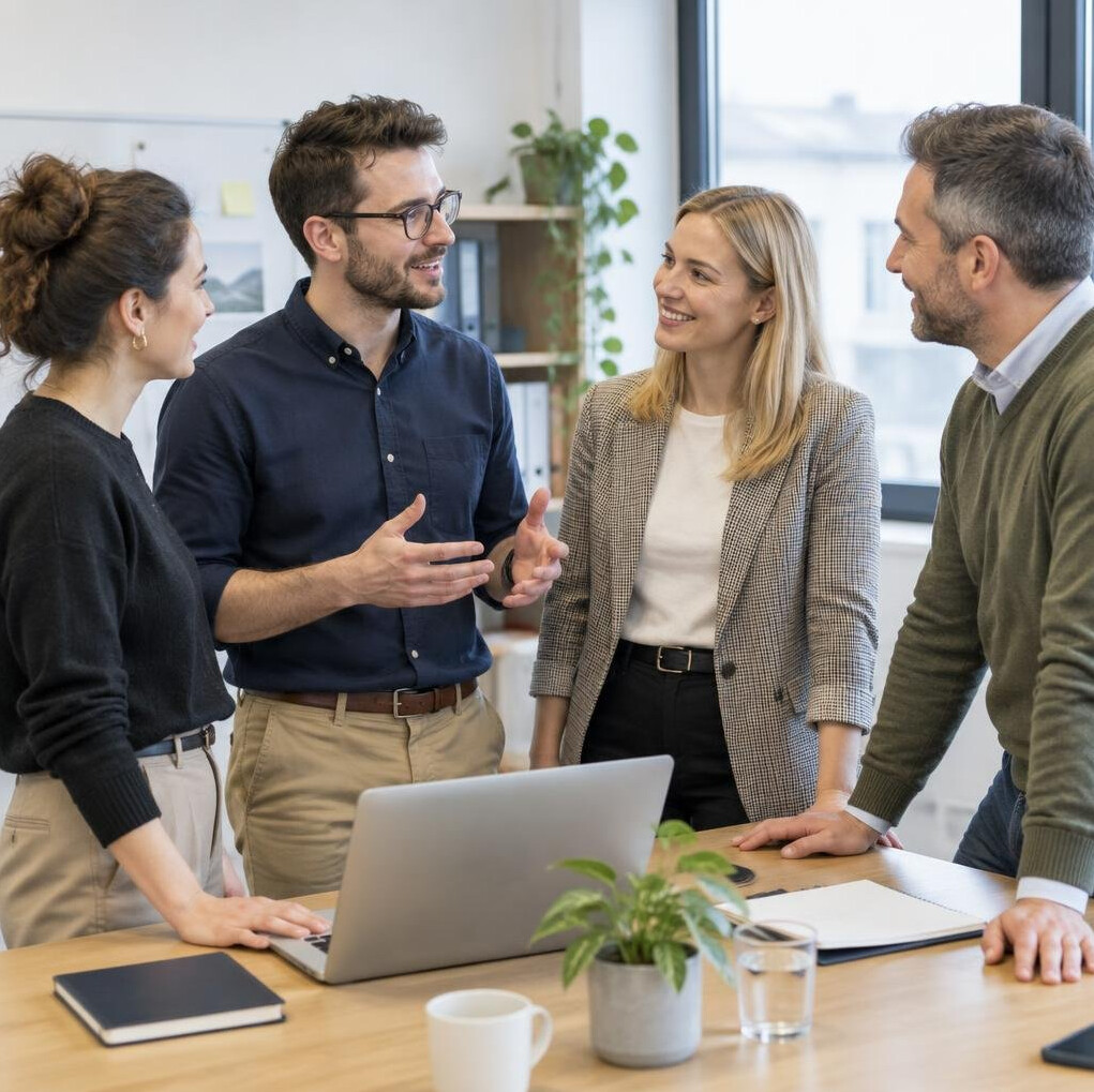 Diverse group of coworkers talking around a table