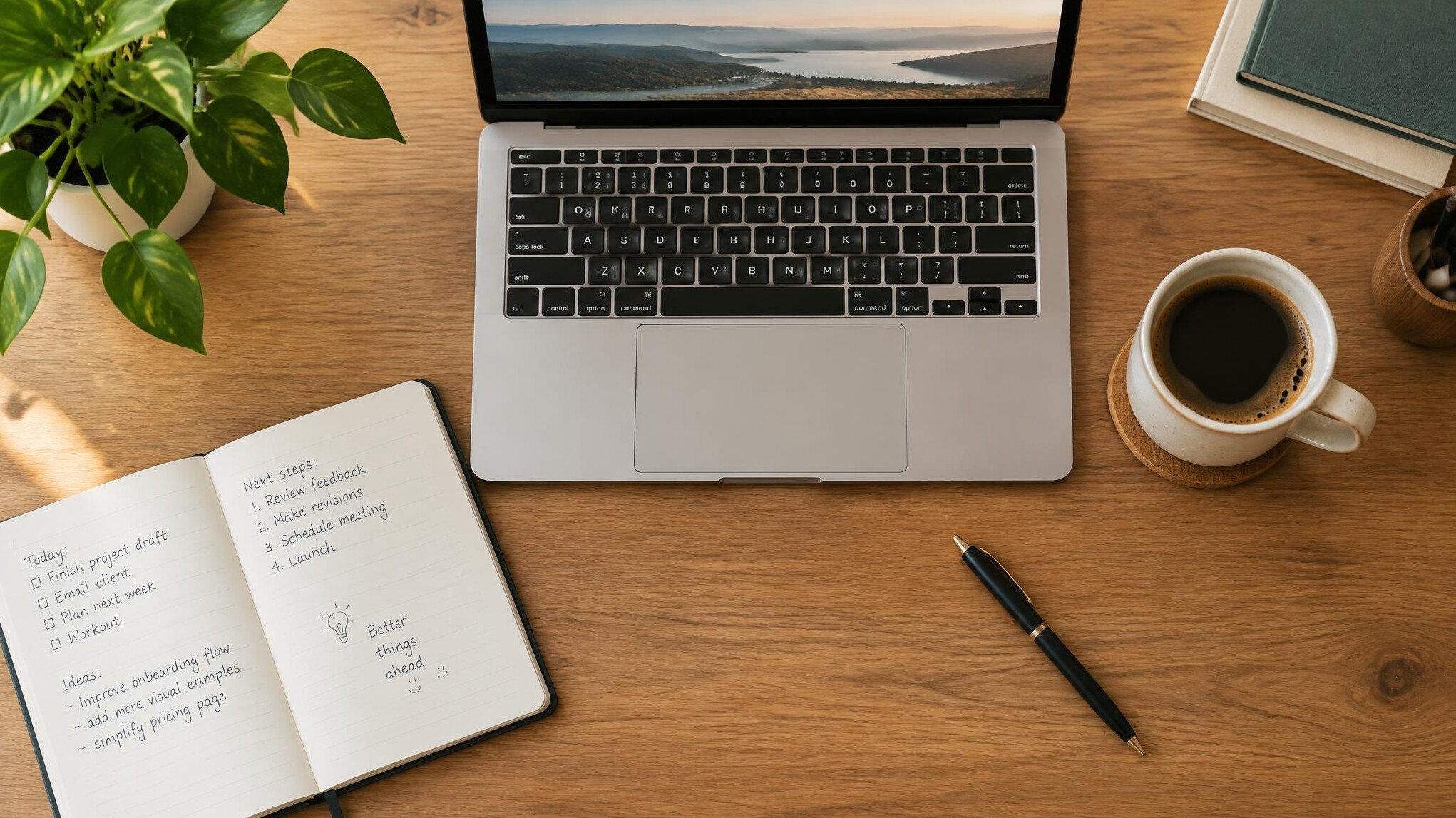 Desk workspace with laptop, notebook and coffee cup