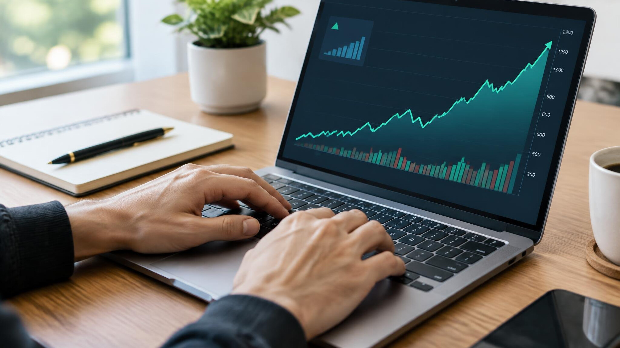 Hands typing on a laptop showing a financial growth chart