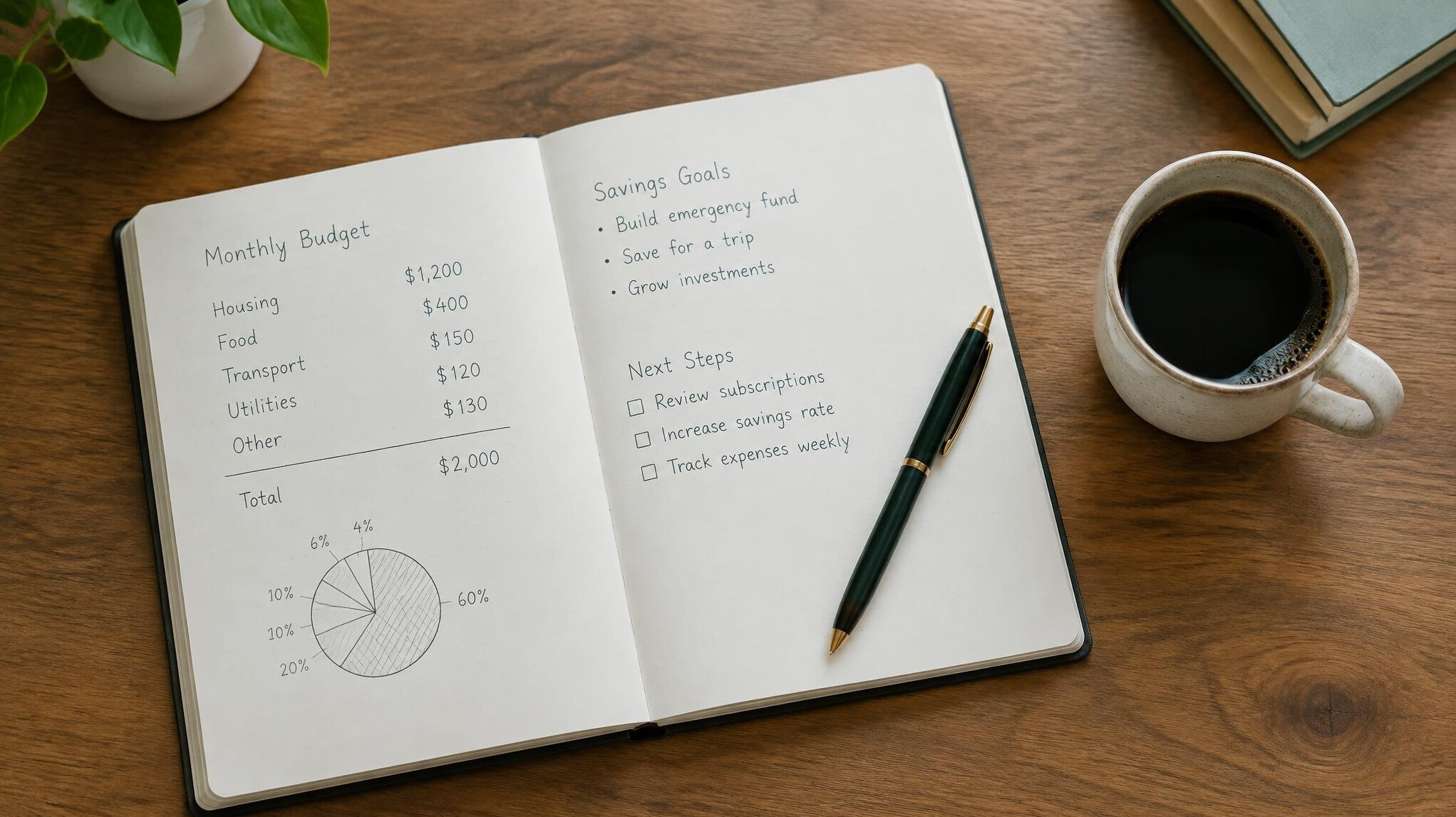 Notebook and pen on a desk with a cup of coffee